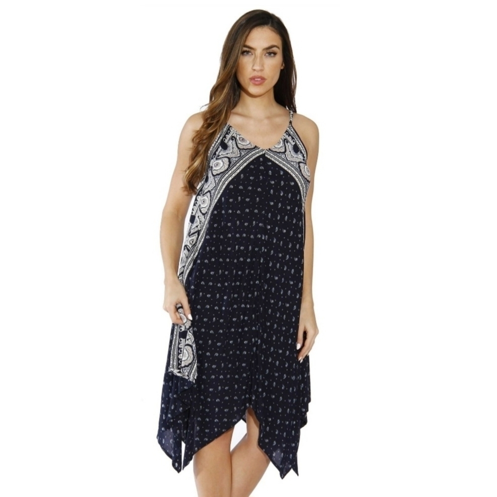Navy Printed Handkerchief Hem Women's Sundress